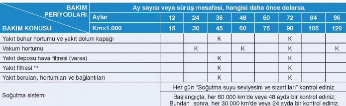 Normal Bakım Programı (Devam) - Benzinli Motor